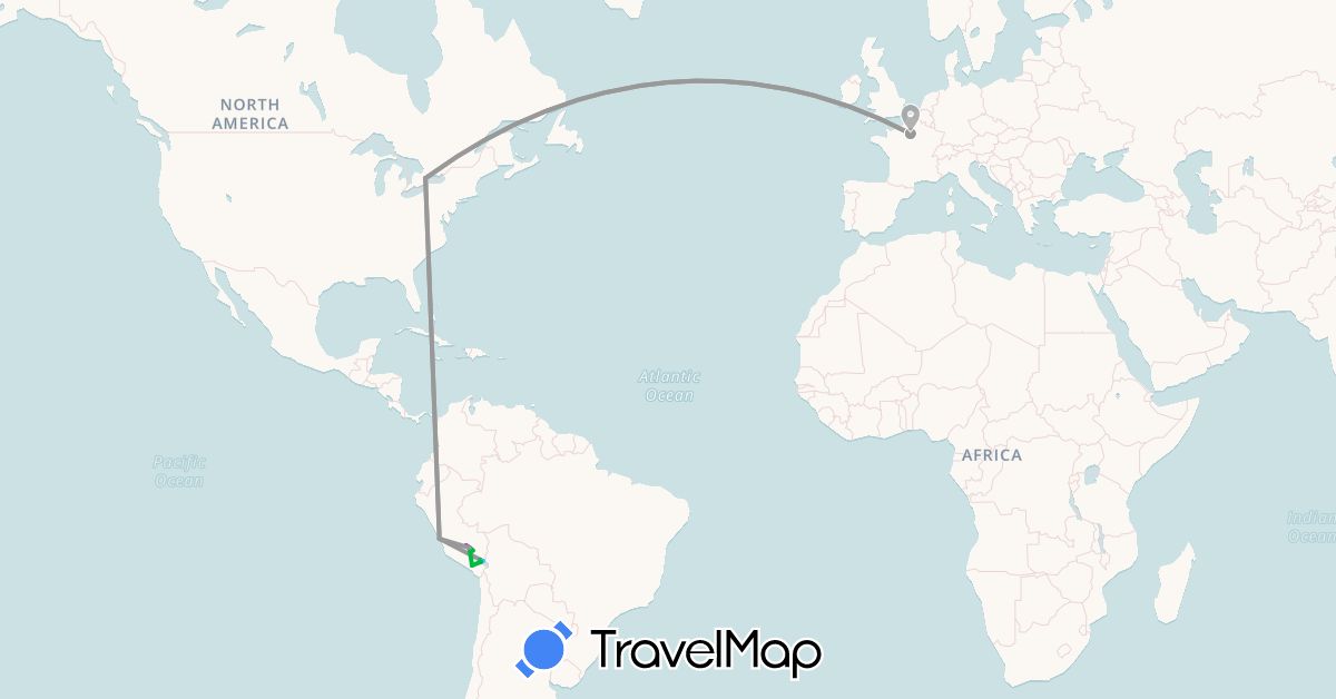 TravelMap itinerary: driving, bus, plane, train, hiking, boat in Canada, France, Peru (Europe, North America, South America)
